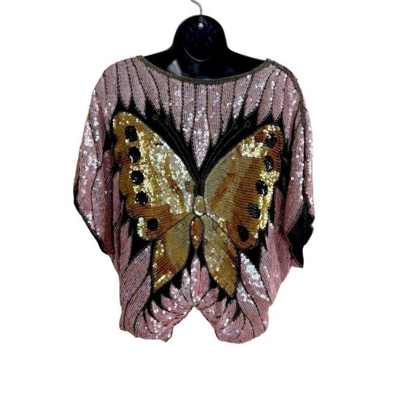 Swee Lo Top Woman’s L Pink‎ Butterfly Coachella Silk Festival Boho Retro Vintage - Picture 4 of 16